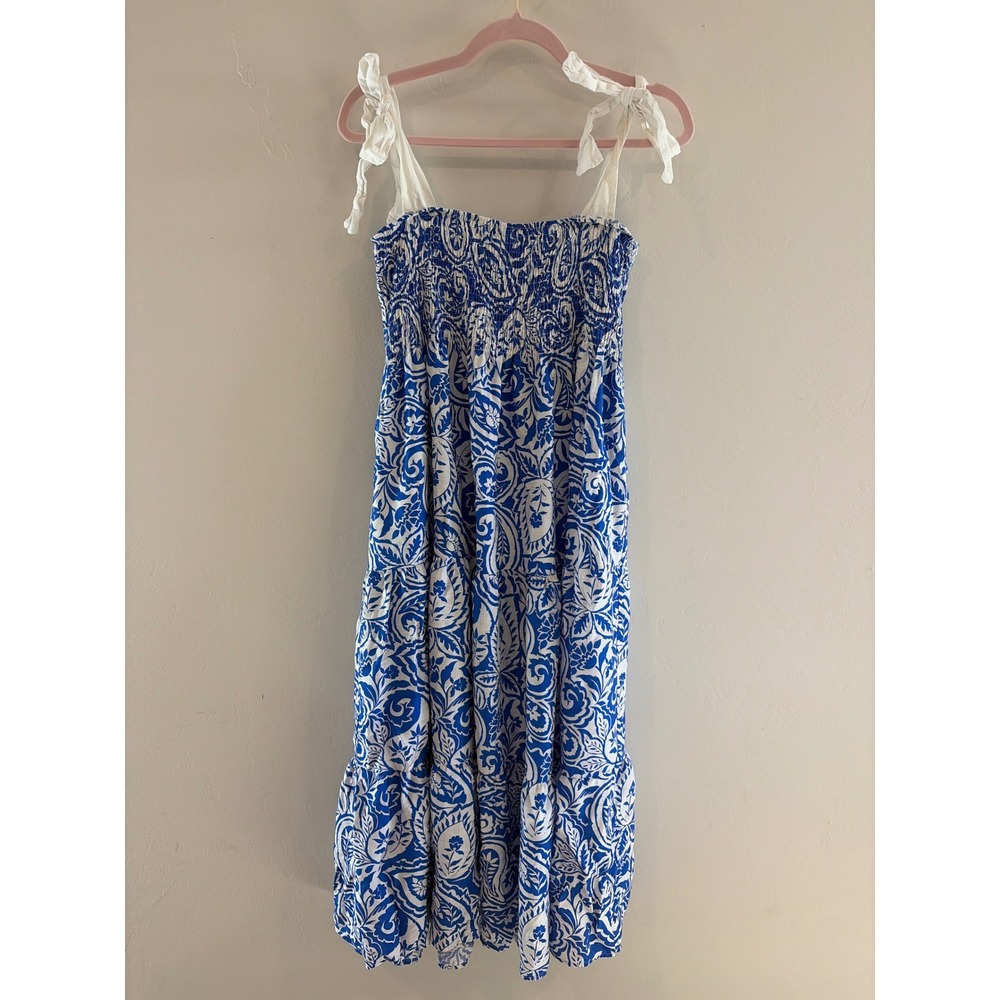 Meet Me In Santorini Blue White Paisley Smocked Tie Shoulder Midi Dress Large